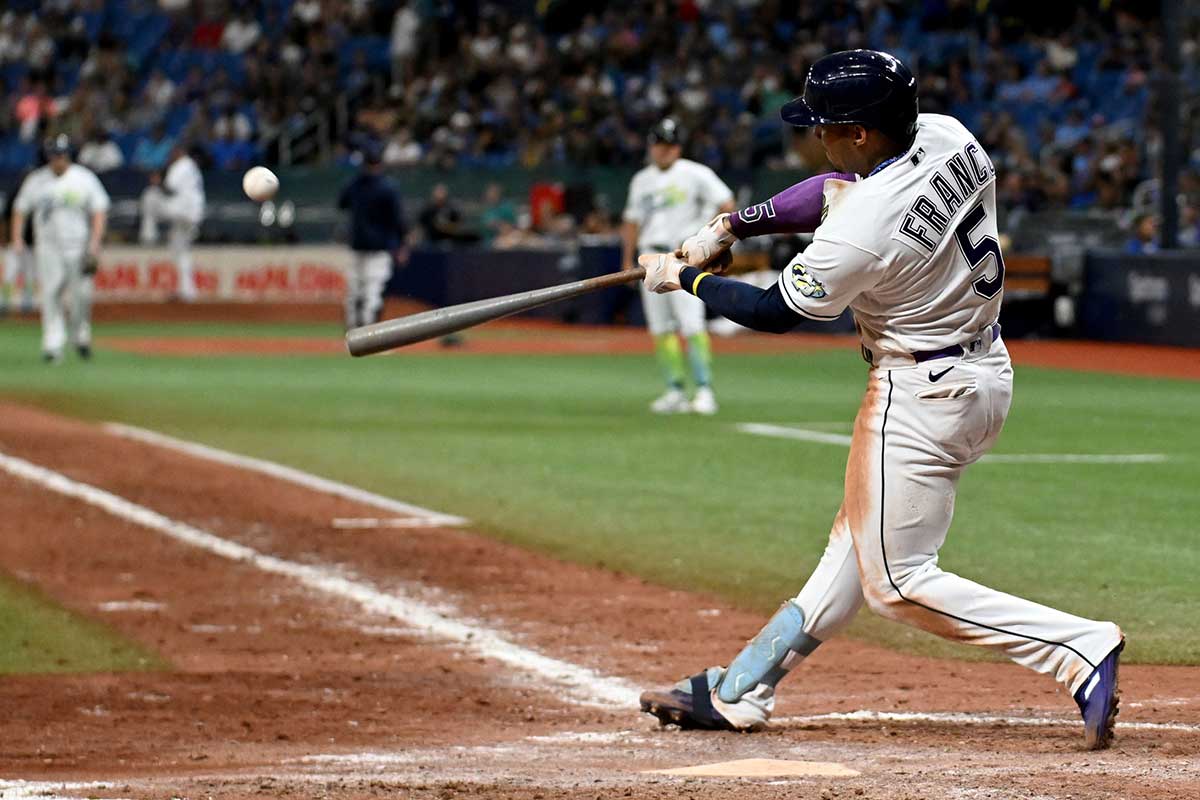 Tampa Bay Rays shortstop Wander Franco (5) hits a walk off home run in the ninth inning against the Cleveland Guardians at Tropicana Field