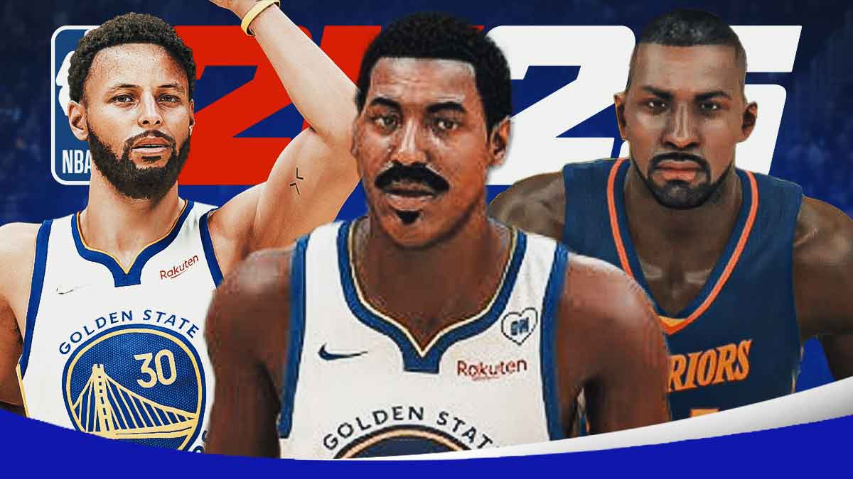 NBA 2K versions of Stephen Curry, Wilt Chamberlain, and Baron Davis and the NBA 2K25 logo