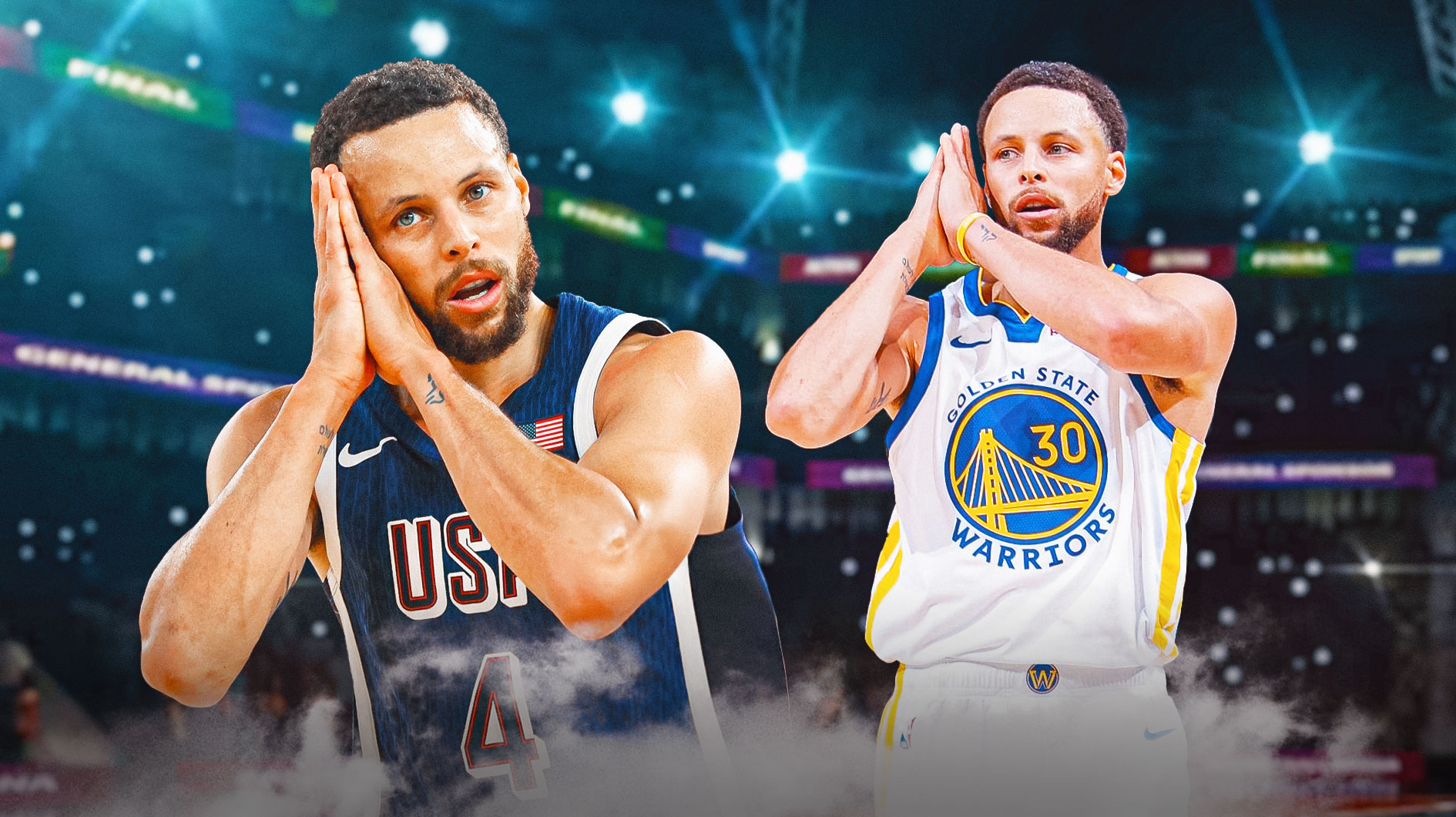 Stephen Curry in Warriors uniform doing the "night-night" celly beside Stephen Curry's Olympic "night-night" celly