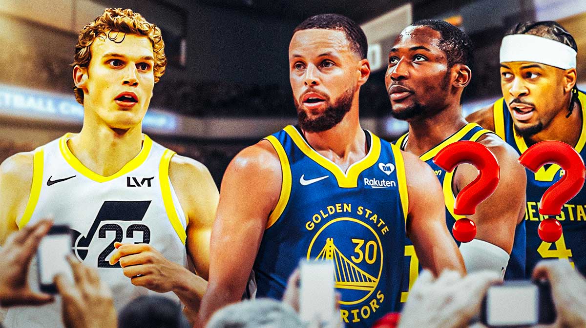 Warriors' Stephen Curry next to Jonathan Kuminga, Moses Moody and Lauri Markkanen