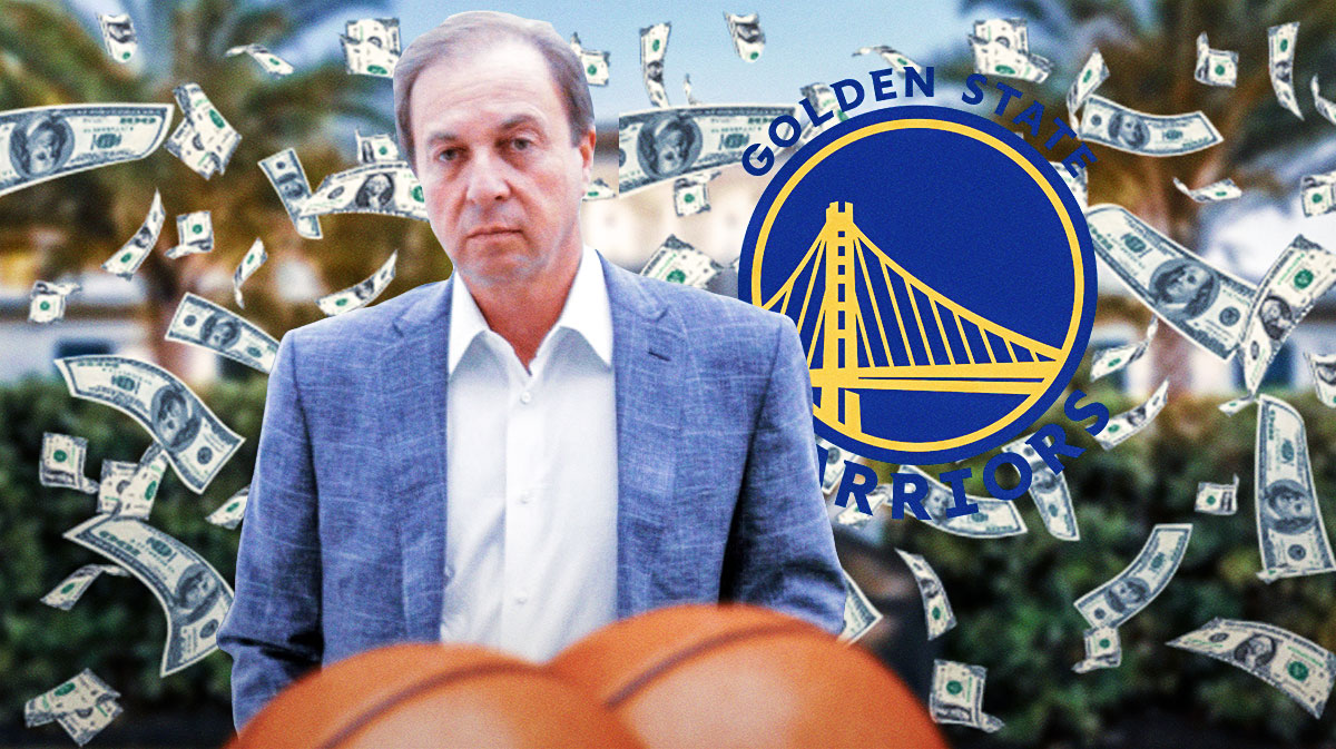 Joe Lacob in front of a Malibu, Calif., mansion with Golden State Warriors logo and money raining down