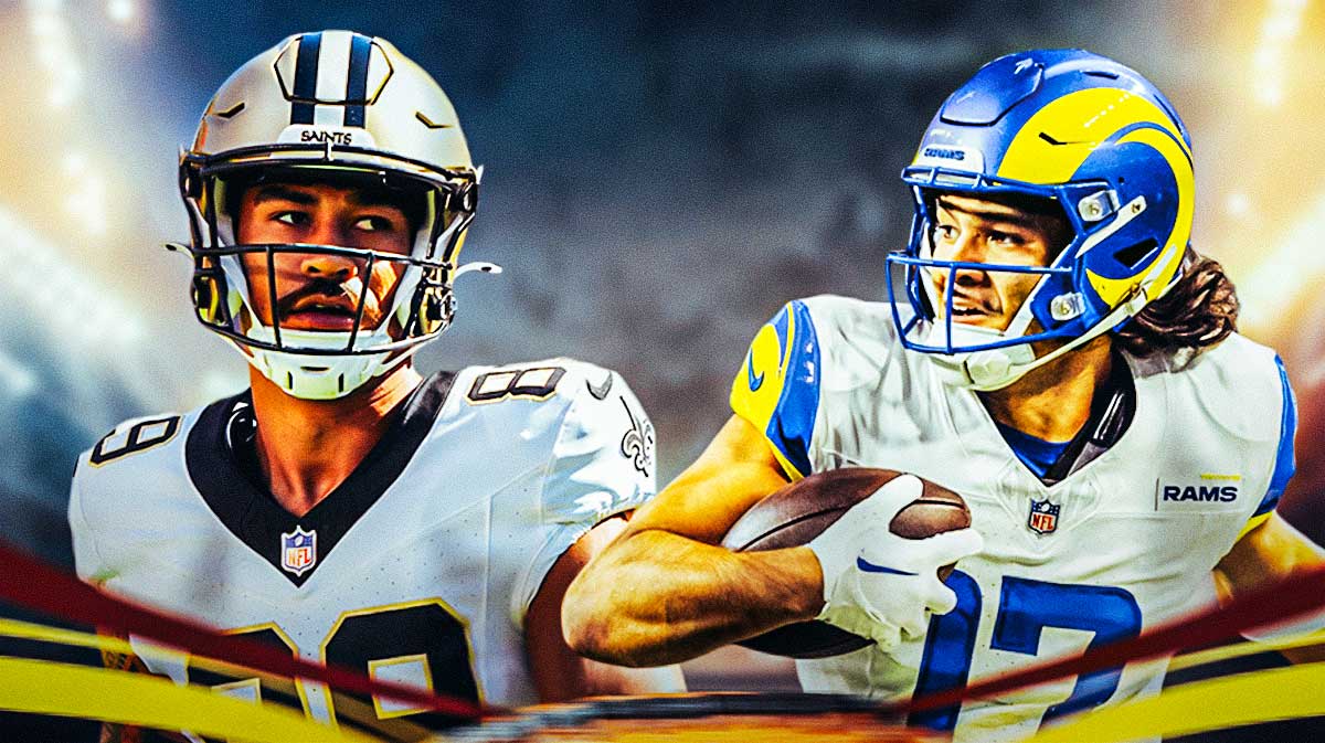Image: Samson Nacua in a Saints jersey and Puka Nacua in a Rams jersey.