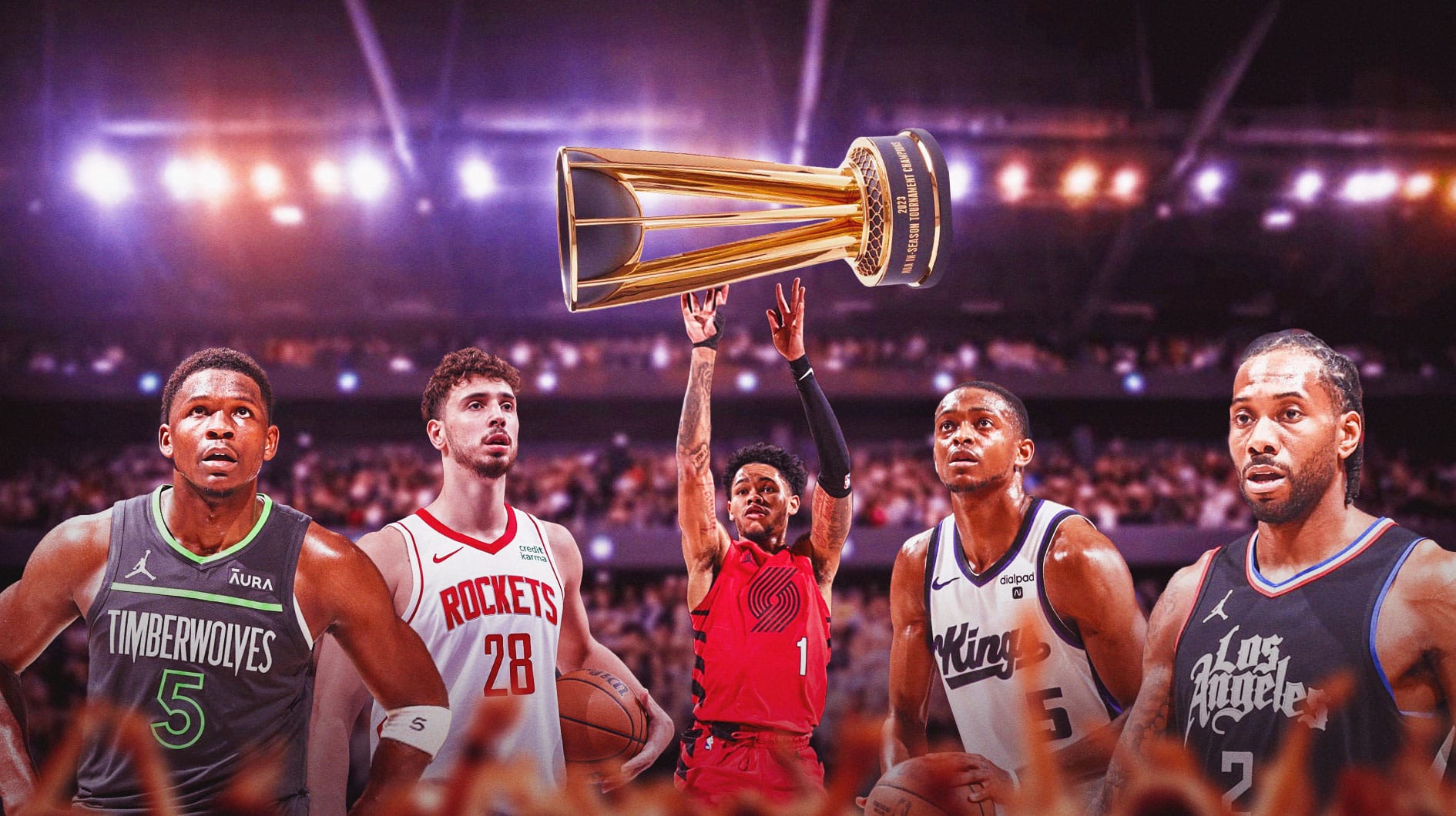 Timberwolves' Anthony Edwards, Clippers' Kawhi Leonard, Kings' De'Aaron Fox, Rockets' Alperen Sengun, and Blazers' Anfernee Simons reaching for the NBA Cup trophy