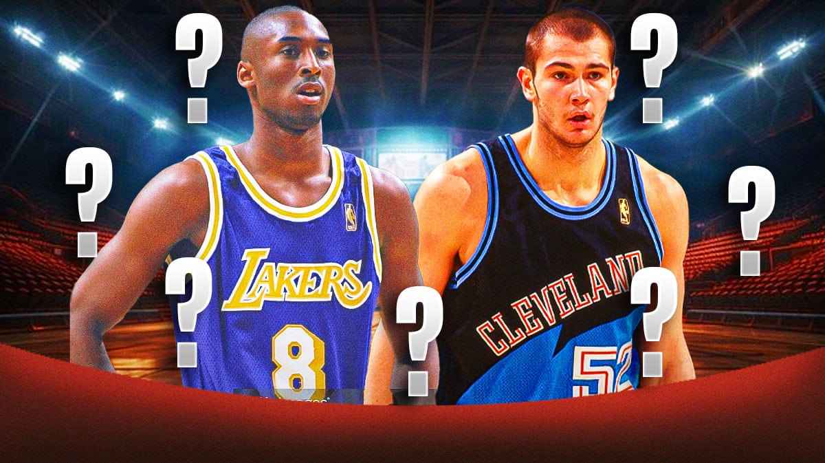 Young Kobe Bryant (1996-97 in Lakers jersey) next to Vitaly Potapenko (1996-97 in Cavs jersey) with question marks all around.