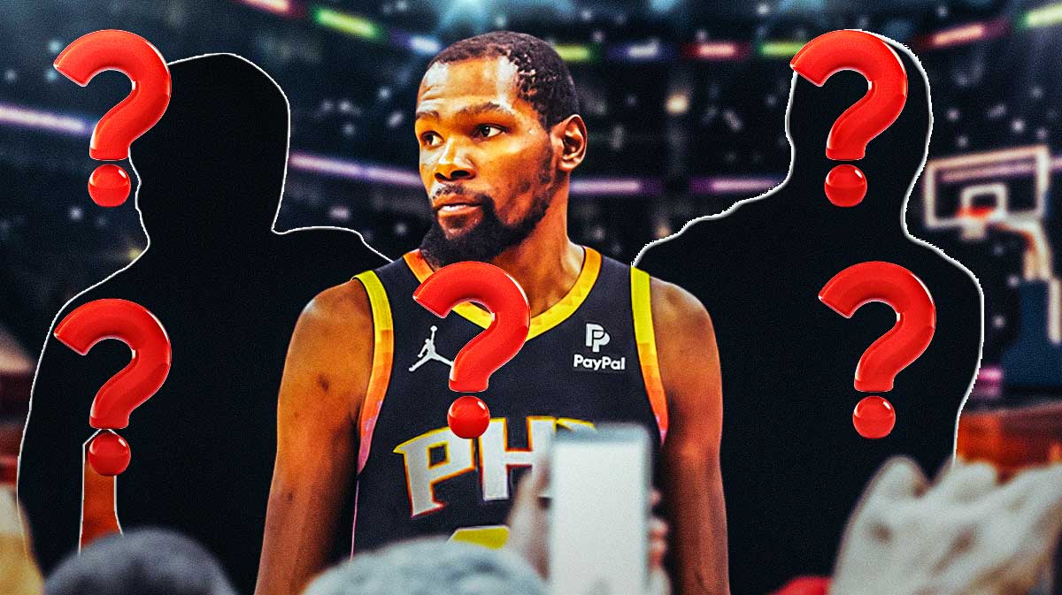 Kevin Durant in middle, silhouettes of Al Horford and Greg Oden, basketball court in background, 3-5 question marks