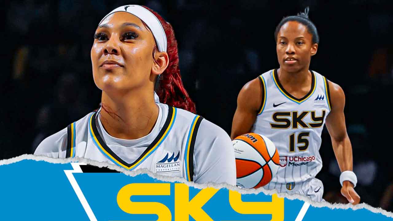 Sky's Kamilla Cardoso stands next to Lindsay Allen and Sparks logo