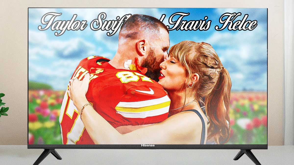 Taylor Swift and Travis Kelce in a TV frame to make their love story look like a binge-worthy romantic drama show.