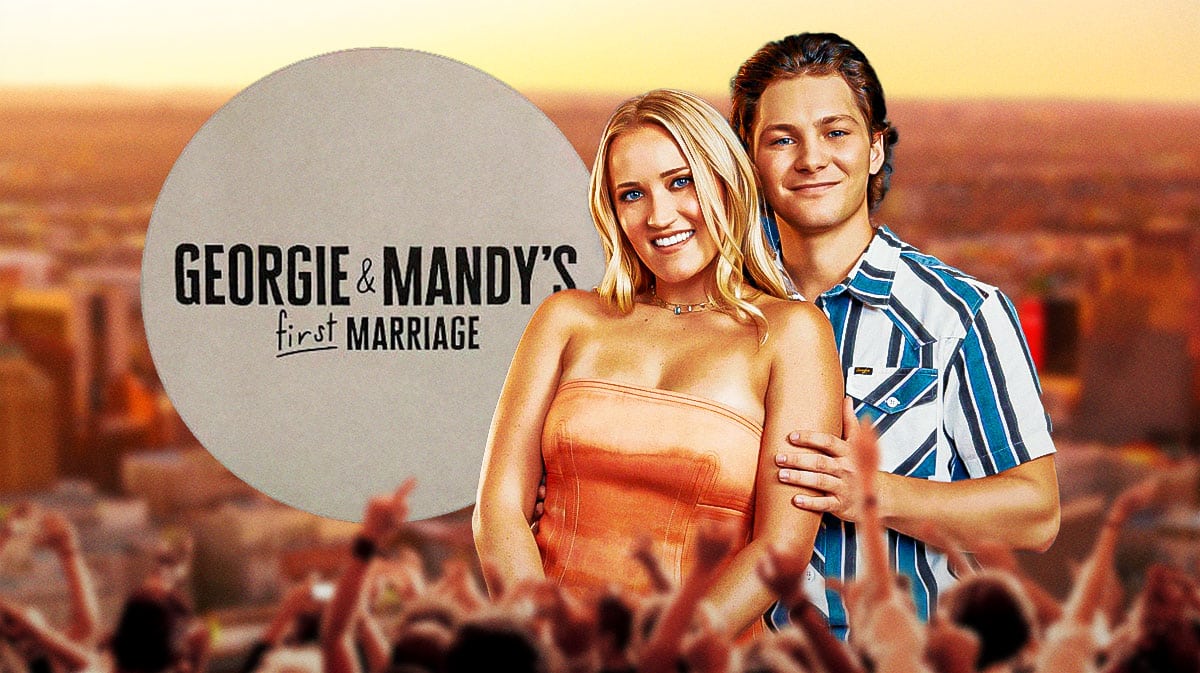 Young Sheldon spin-off stars Emily Osment and Montana Jordan with Georgie and Mandy's First Marriage logo and Texas background.