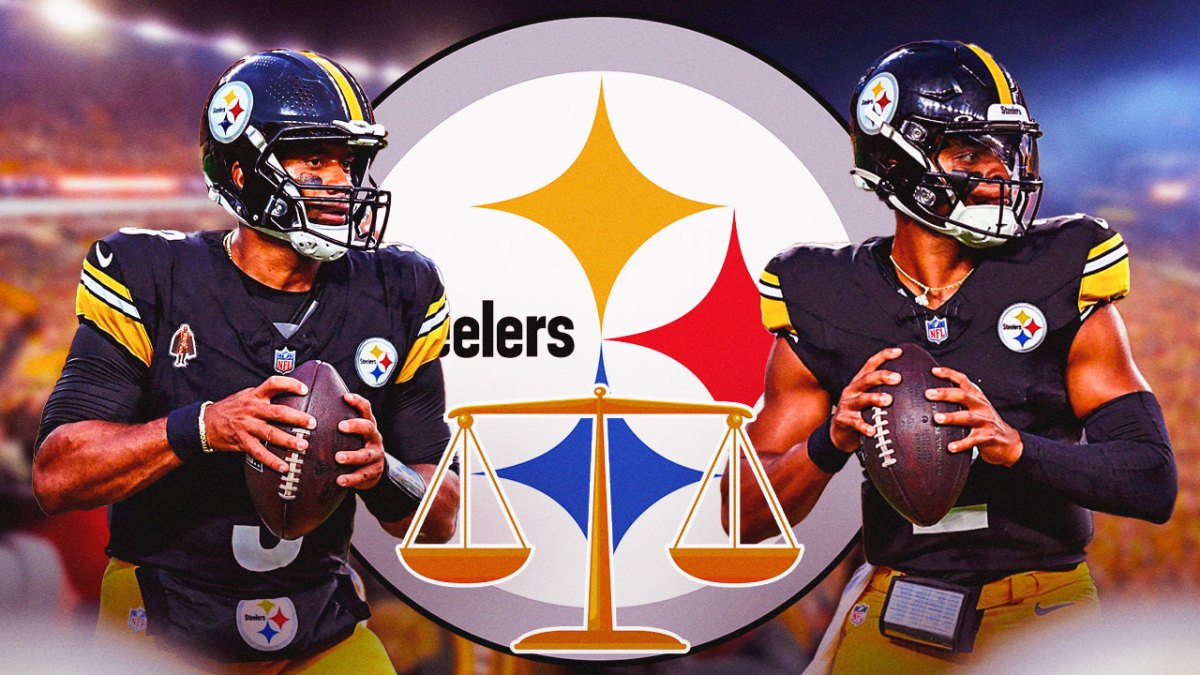 A scale between Pittsburgh Steelers quarterbacks Russell Wilson and Justin Fields with a Steelers logo in the back.