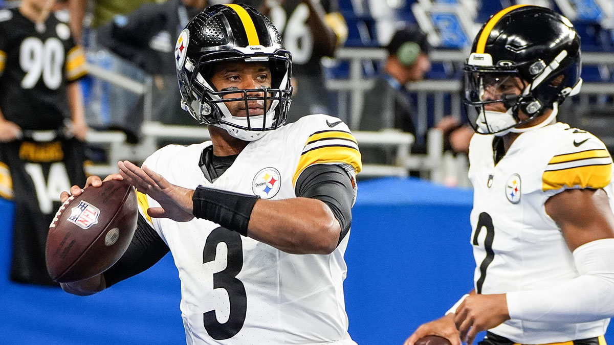 Pittsburgh Steelers quarterback Russell Wilson (3) warms up before a preseason game against Detroit Lions at Ford Field in Detroit on Saturday, August 24, 2024.