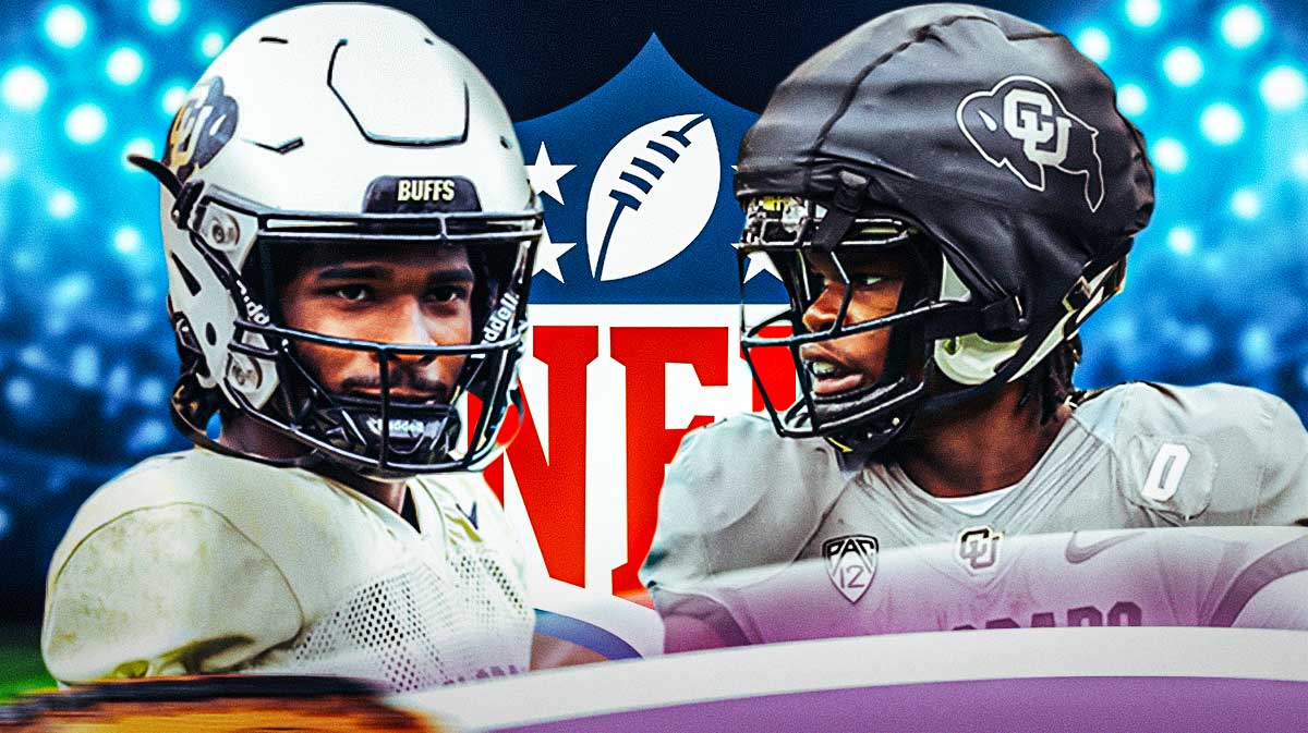 Colorado football stars Shedeur Sanders and Travis Hunter in front of the NFL logo.