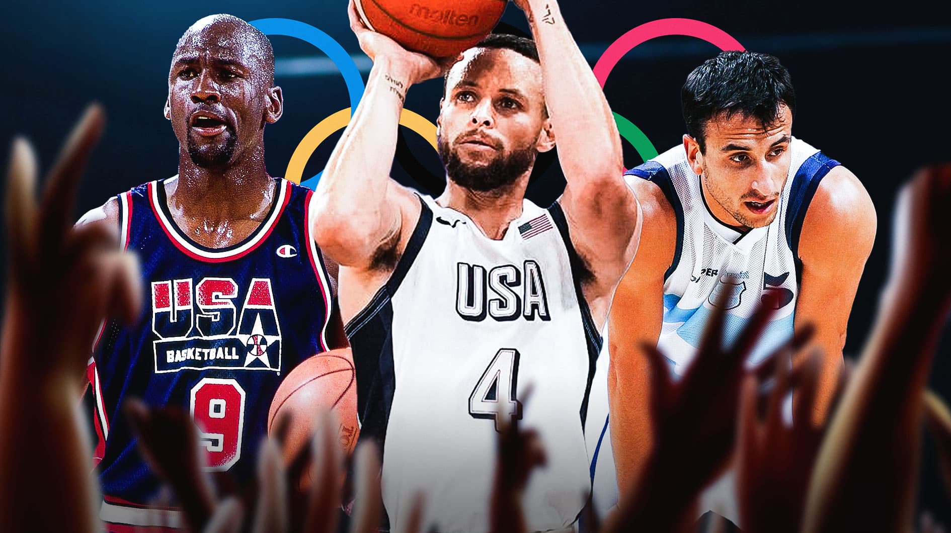 Steph Curry, Michael Jordan, and Manu Ginobili in front of the Olympic rings