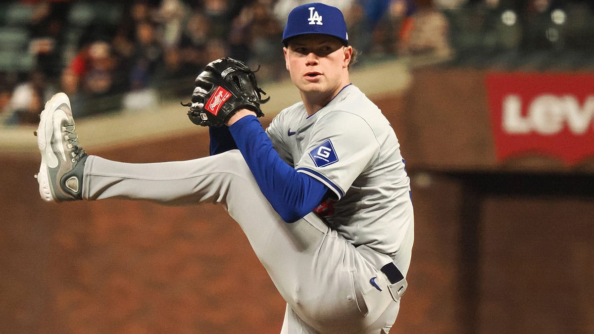 Los Angeles Dodgers relief pitcher Gus Varland (58) pitches against the San Francisco Giants during the eighth inning at Oracle Park. 