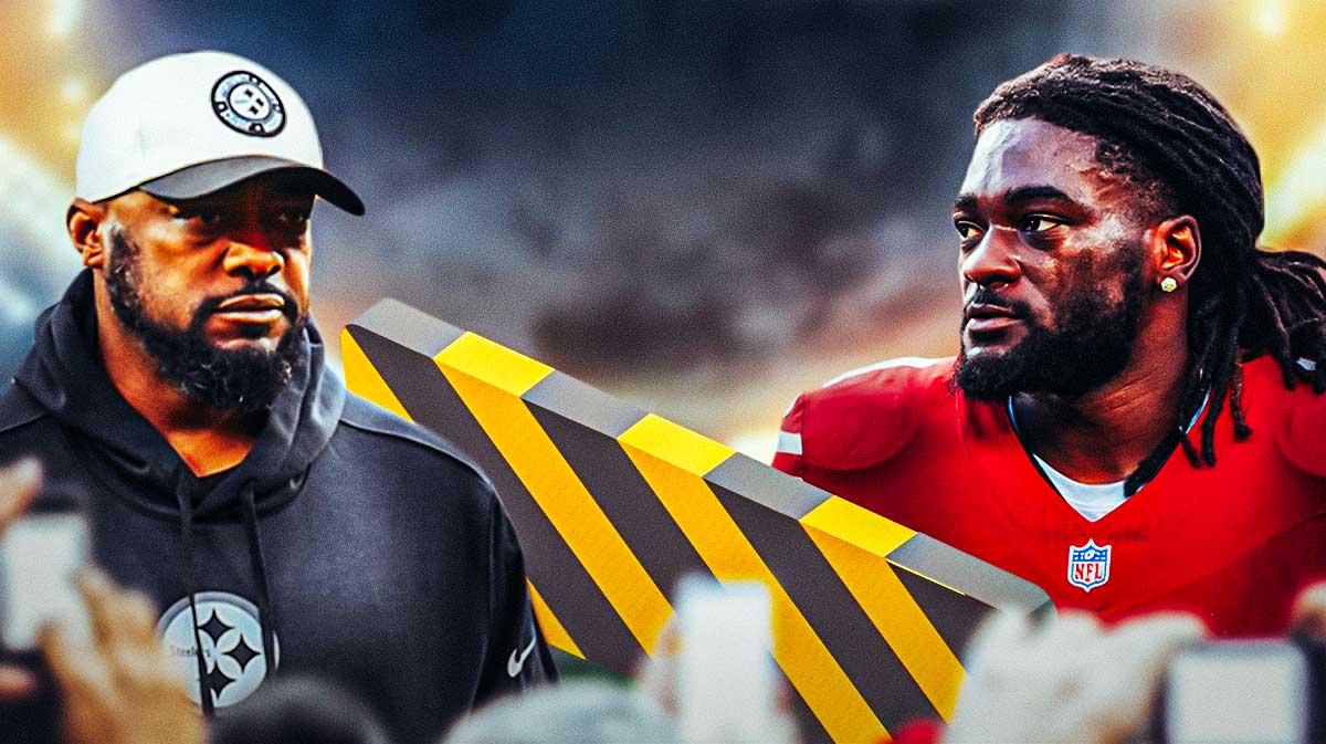 Mike Tomlin on one side, Brandon Aiyuk on other side with a barrier/wall between