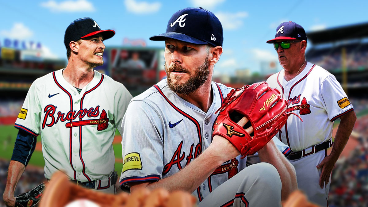 Braves manager Brian Snitker next to Braves pitchers Chris Sale and Max Fried