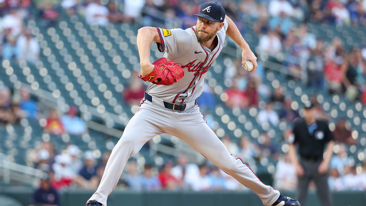 Chris Sale (51), starting pitcher for the Atlanta Braves, throws a ball against the Minnesota Twins in the second inning at Target Field.