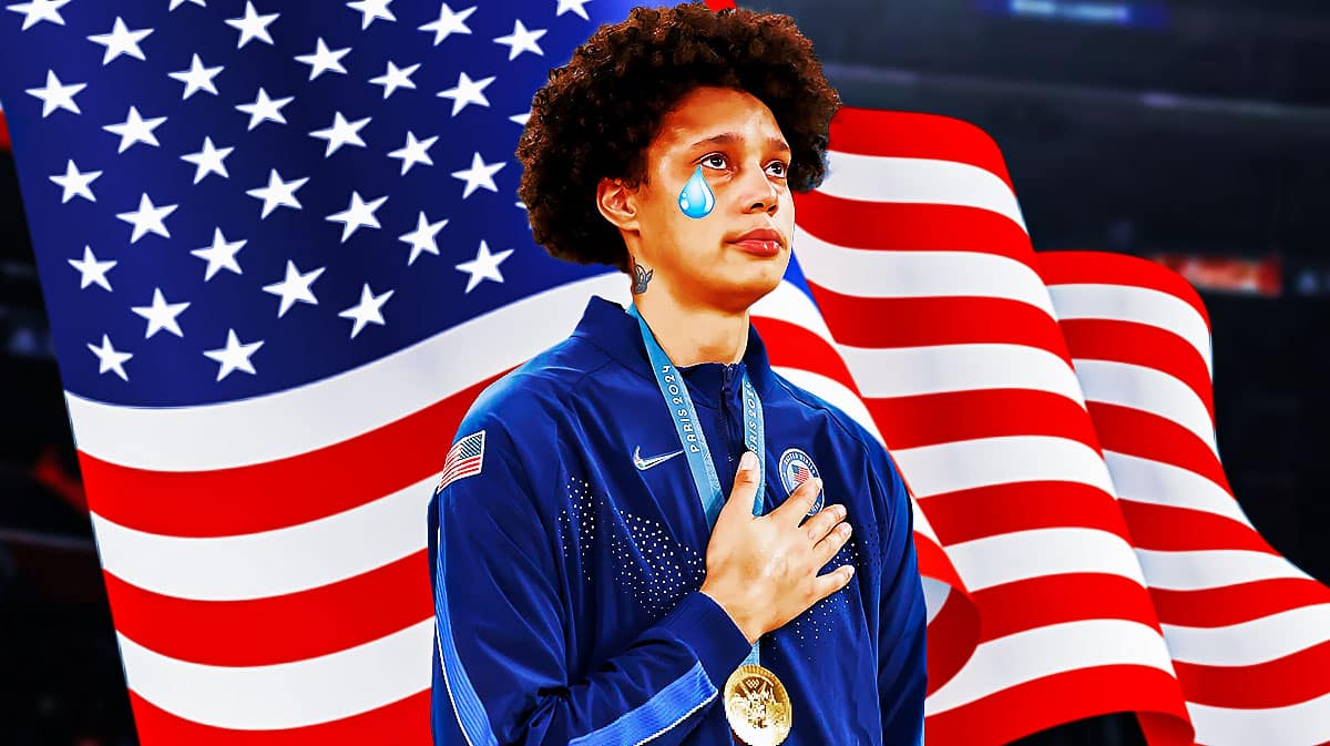 Team USA women's basketball player Brittney Griner, with a happy expression, and "happy" tear drop emojis in her eyes, with a gold medal and the American flag