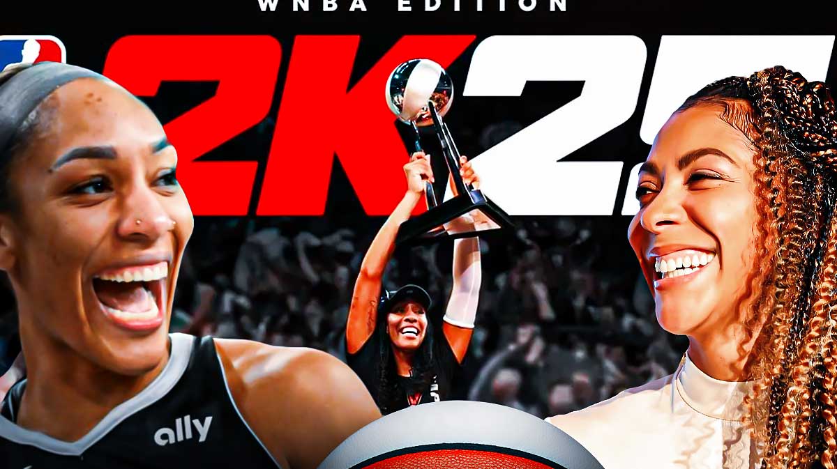 In background, need the NBA 2K25 video game with A'ja Wilson on the cover. In front on left, Aces A'ja Wilson smiling. In front on right, Candace Parker (normal clothes) smiling.