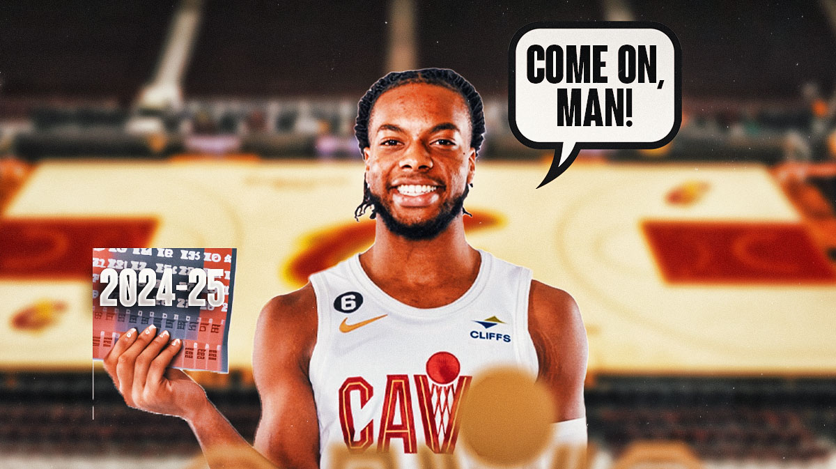 Darius Garland holding a calendar with the label "2024-25 schedule" with a speech bubble next to him saying, "Come on, man!" featuring a Cavs-themed BG.