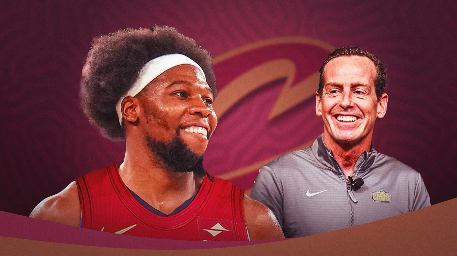 Yabusele in a Cavs jersey next to Kenny Atkinson with a Cavs-colored background.