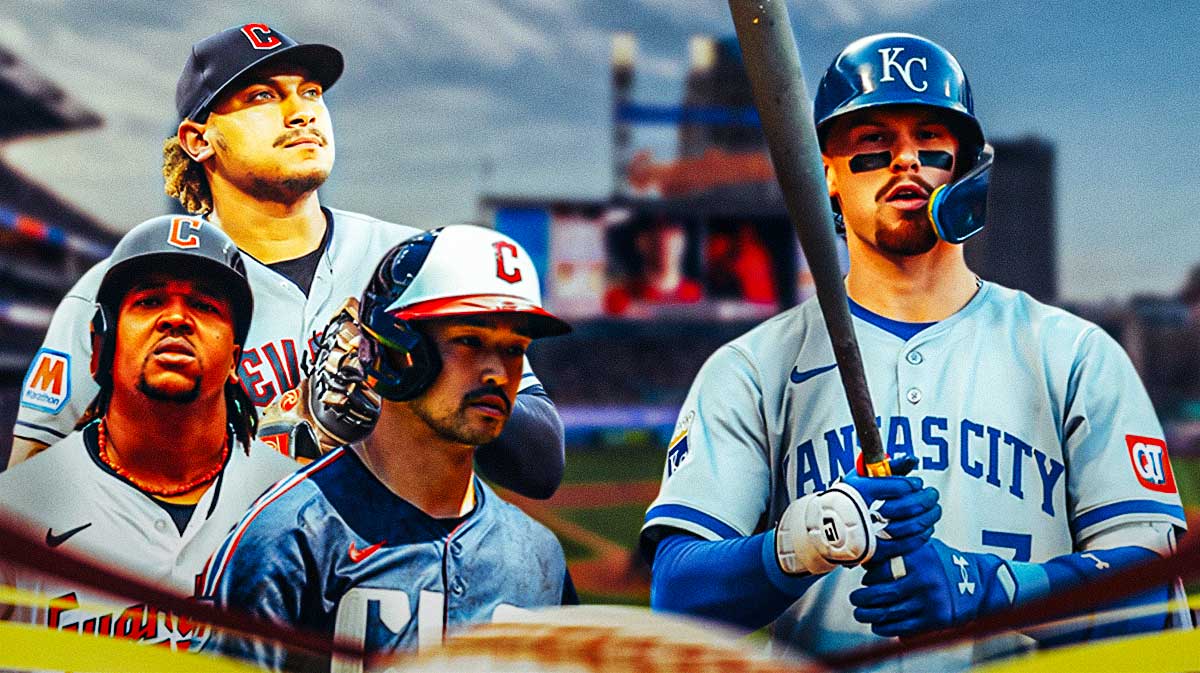 Guardians Jose Ramirez, Guardians Steven Kwan and Guardians Josh Naylor on left looking serious. Royals Bobby Witt Jr. swinging a baseball bat on right.