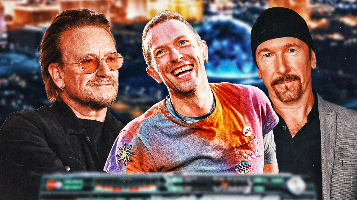 U2 members Bono and The Edge with Coldplay lead singer Chris Martin and Sphere background.