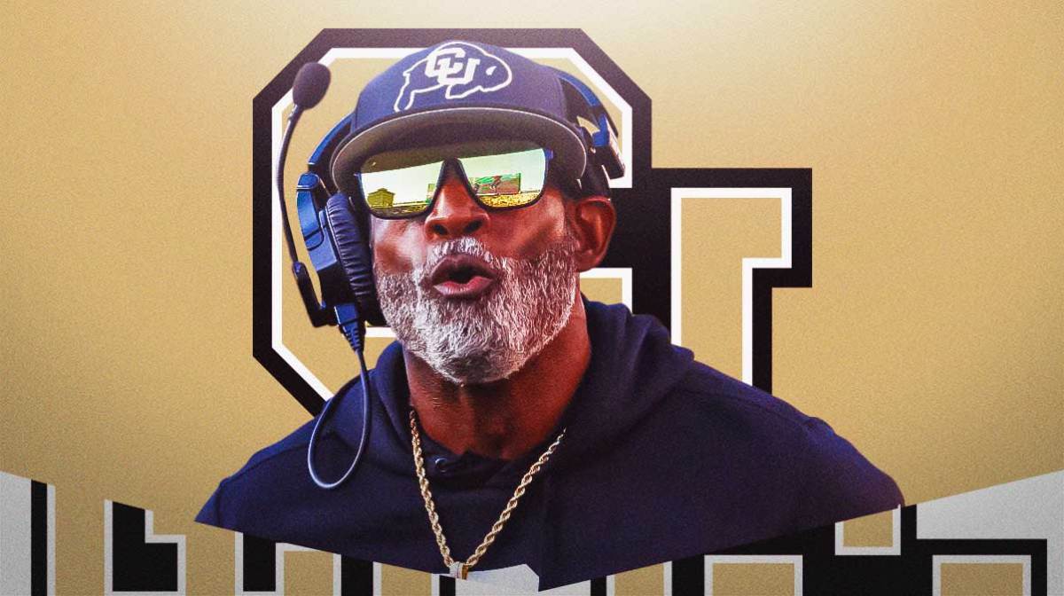 Deion Sanders looking angry and frustrated. Colorado football logo behind him.