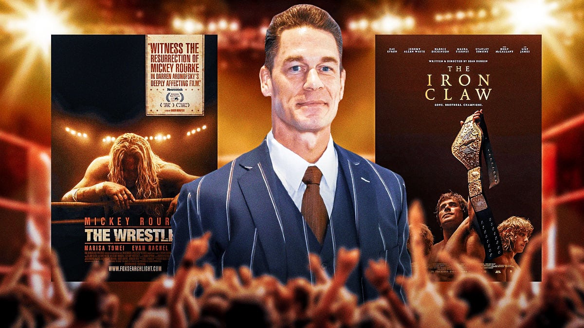 WWE legend John Cena with wrestling movies The Wrestler and The Iron Claw posters.