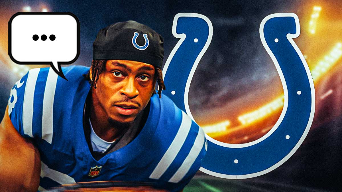 Indianapolis Colts running back Jonathan Taylor with a speech bubble with the three dots emoji inside. There is also a logo for the Indianapolis Colts.