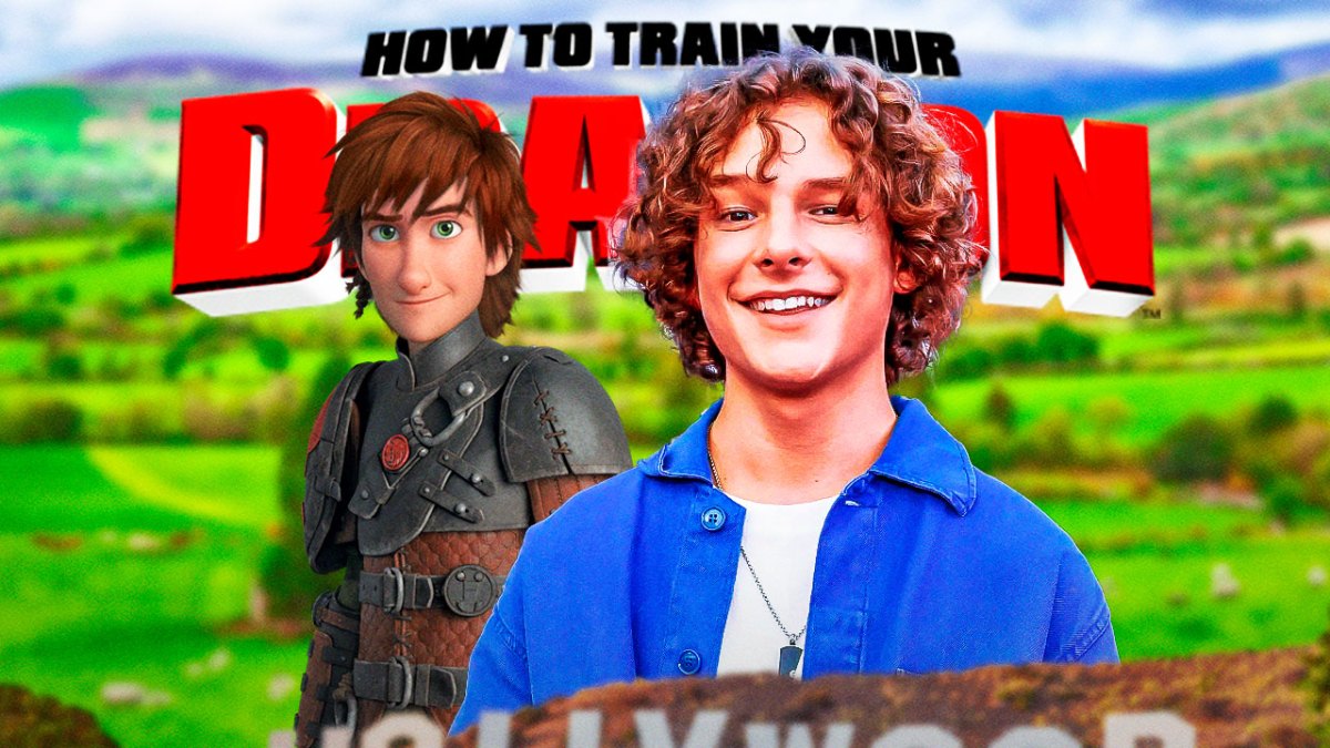 How to Train Your Dragon logo and Hiccup next to live-action remake star Mason Thames with Ireland countryside background.