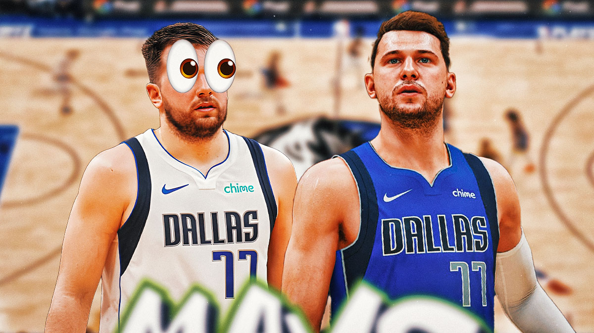 Mavericks Luka Doncic on left with eyes popping out looking at NBA 2K Luka Doncic.