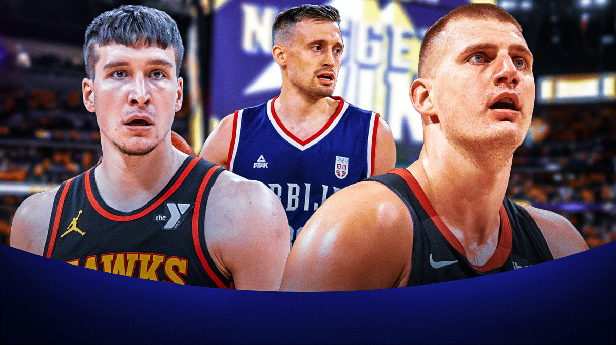 Nikola Jokic in his Nuggets jersey, Bogdan Bogdanovic in his Hawks jersey, and then the cutout of Aleksa Avramović in the Serbia jersey from the 2024 Paris Olympics.