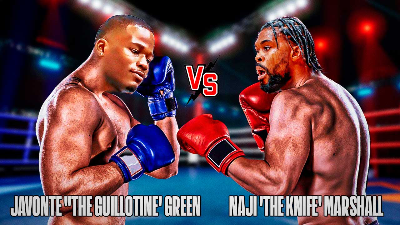 A UFC/boxing-styled bill/banner advertising a fight as the theme with Javonte "The Guillotine' Green vs. Naji 'The Knife' Marshall as the Main Event. Maybe even put a tiny Knife in Naji's hand and a small guillotine in Green's corner.