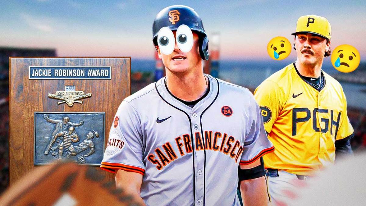 Giants Tyler Fitzgerald with the eyeball emojis standing next to the Rookie of the Year trophy, with Pirates Paul Skenes standing next to crying emojis