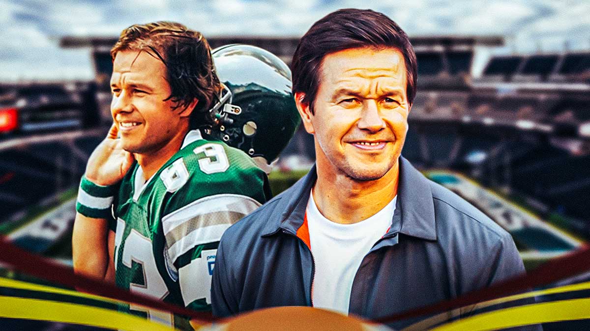 Mark Wahlberg next to his character from Invincible with Lincoln Financial Field background where the NFL's Philadelphia Eagles play.