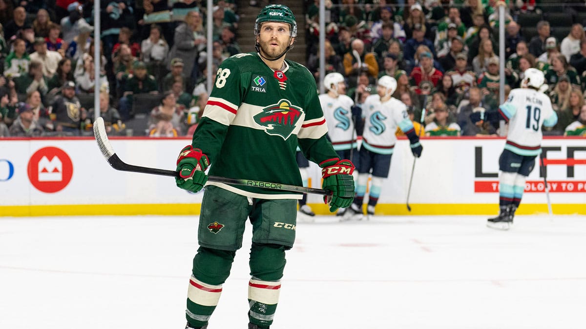 Minnesota Wild right wing Ryan Hartman (38) reacts against the Seattle Kraken in the third period at Xcel Energy Center.