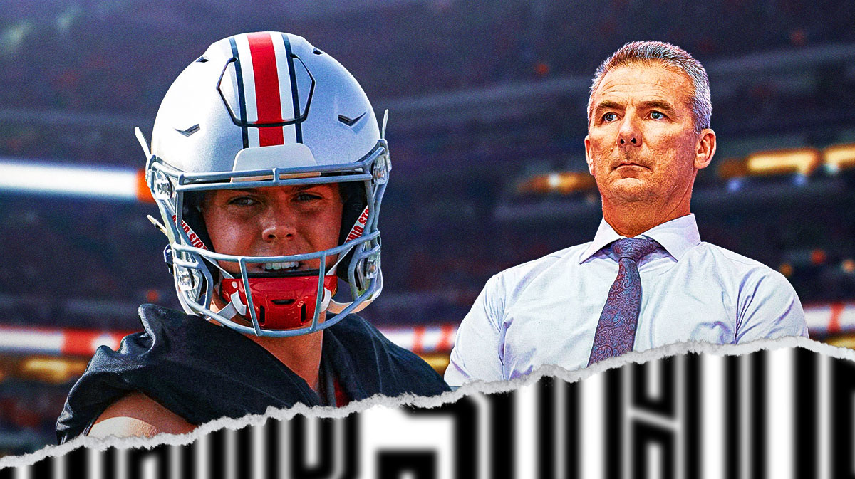 Ohio State football star Will Howard and Urban Meyer in front of Ohio Stadium.