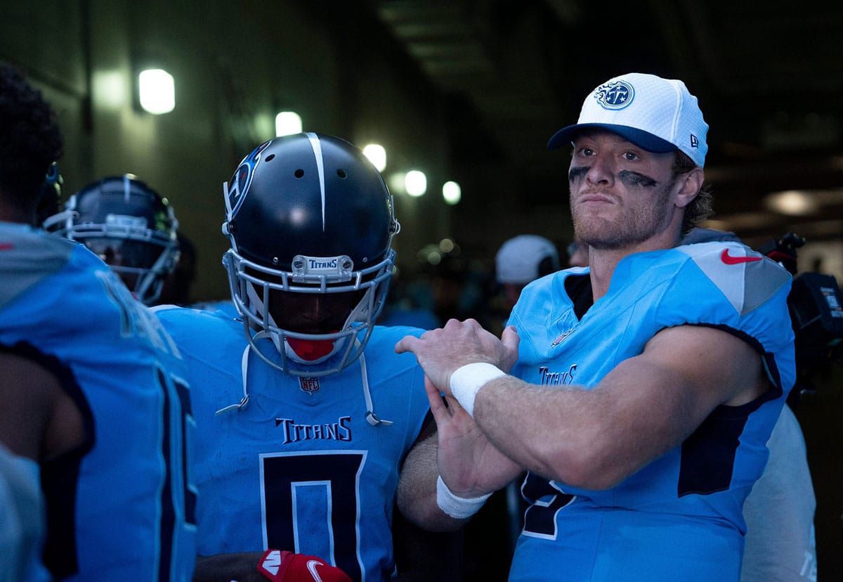 Tennessee Titans wide receiver Calvin Ridley (0) and quarterback Will Levis (8) prepare to take the field before their first preseason game of the 2024-25 season against the San Francisco 49ers at Nissan Stadium Saturday, Aug. 10, 2024.