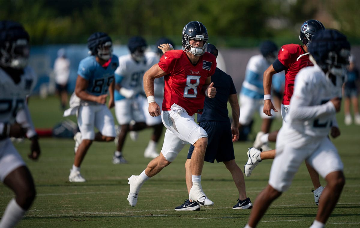 Tennessee Titans quarterback Will Levis (8) warms up during training camp at Ascension Saint Thomas Sports Park in Nashville, Tenn., Saturday, Aug. 3, 2024.