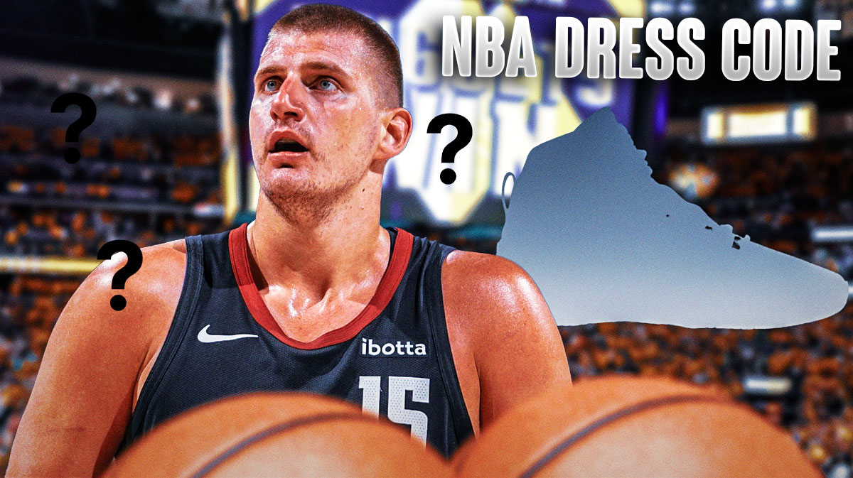 Nikola Jokic, the silhouette of one of his baskeball shoes (with a question mark over it) and the text "NBA Dress Code" across the screen