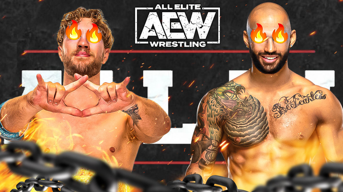 Will Ospreay with fire emojis over his eyes on the left, Ricochet with fire emojis over his eyes on the right, with the AEW All In logo as the background.