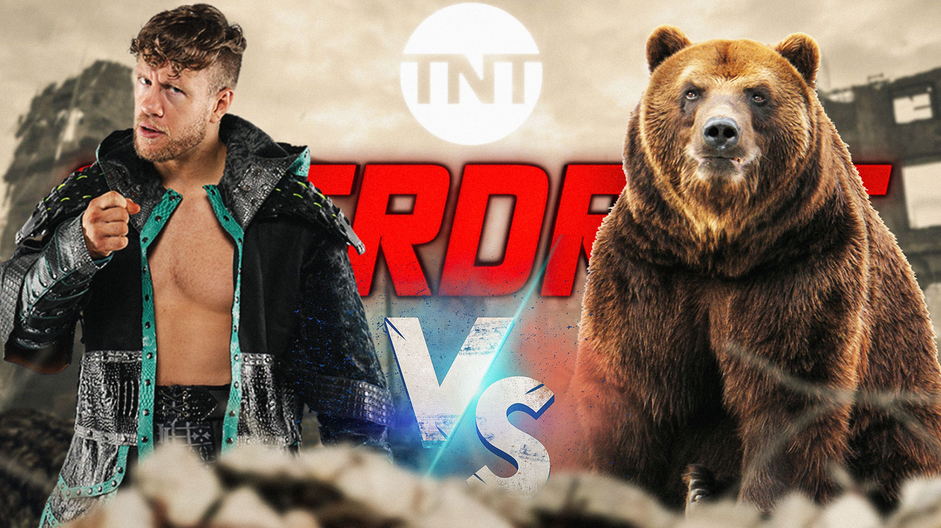 Will Ospreay on the left, a brown bear on the right with a Vs. symbol between them with the TNT Overdrive logo as the background.