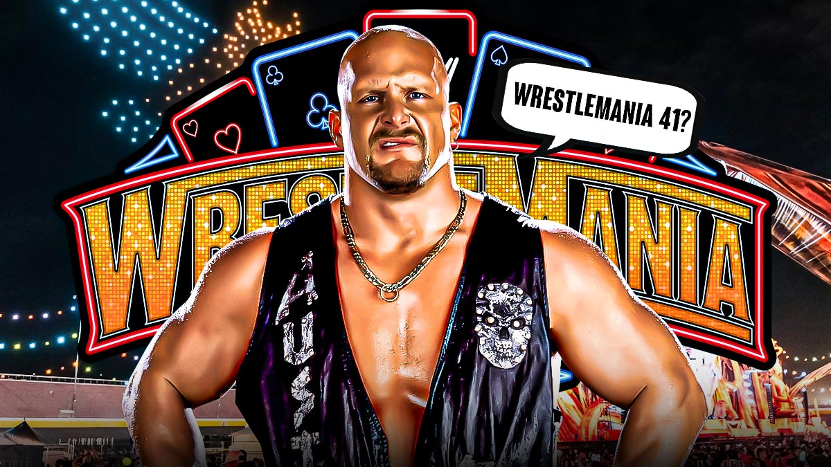 Stone Cold Steve Austin with a text bubble reading "WrestleMania 41?" in front of the WrestleMania 41 logo.