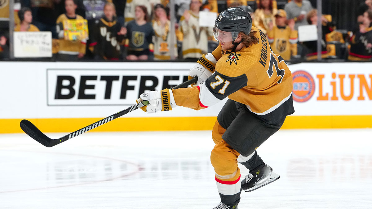 Vegas Golden Knights center William Karlsson (71) warms up before the start of game six against the Dallas Stars in the first round of the 2024 Stanley Cup Playoffs at T-Mobile Arena.