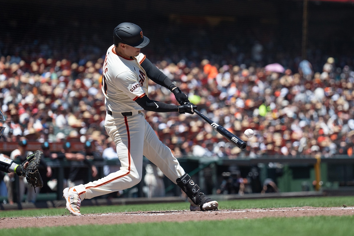 San Francisco Giants first base Wilmer Flores (41) hits a double during the fourth inning against the Los Angeles Angels at Oracle Park. 