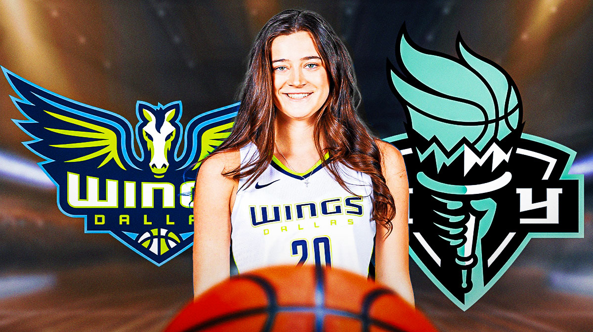 Wings Maddy Siegrist in front in image. Need the Dallas Wings and New York Liberty 2024 logos in background.