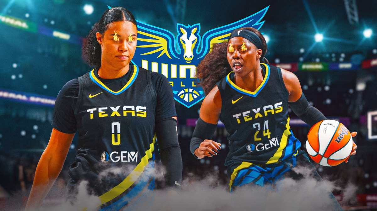 Wings Satou Sabally, Wings Arike Ogunbowale both in front with fire in their eyes. Place the Dallas Wings 2024 logo in background.