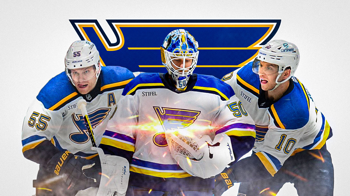 Jordan Binnington, Brayden Schenn, and Colton Parayko with Blues logo behind them