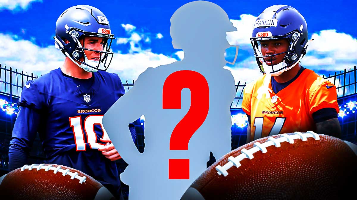 Bo Nix, Troy Franklin, and a silhouette of a football player with a ? in it. (preferably have both Nix and Franklin in Broncos jerseys)