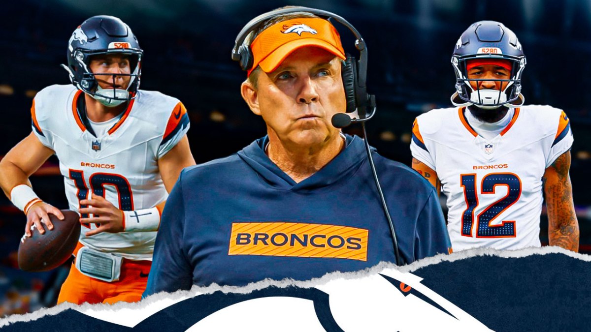 Coach Sean Payton in the middle, Bo Nix, Tim Patrick around him, Denver Broncos wallpaper in the background